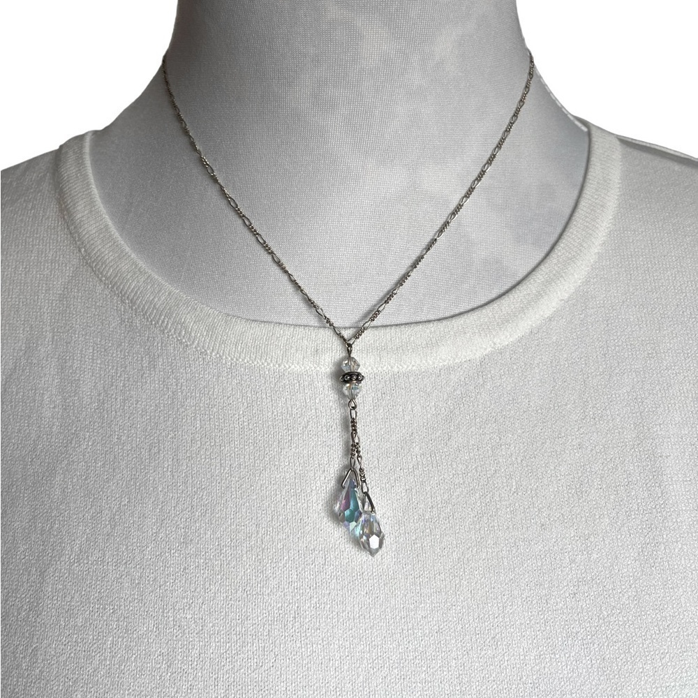 Crystal Drop Lariat Necklace | Silver Tone | Iridescent Crystal Pendant